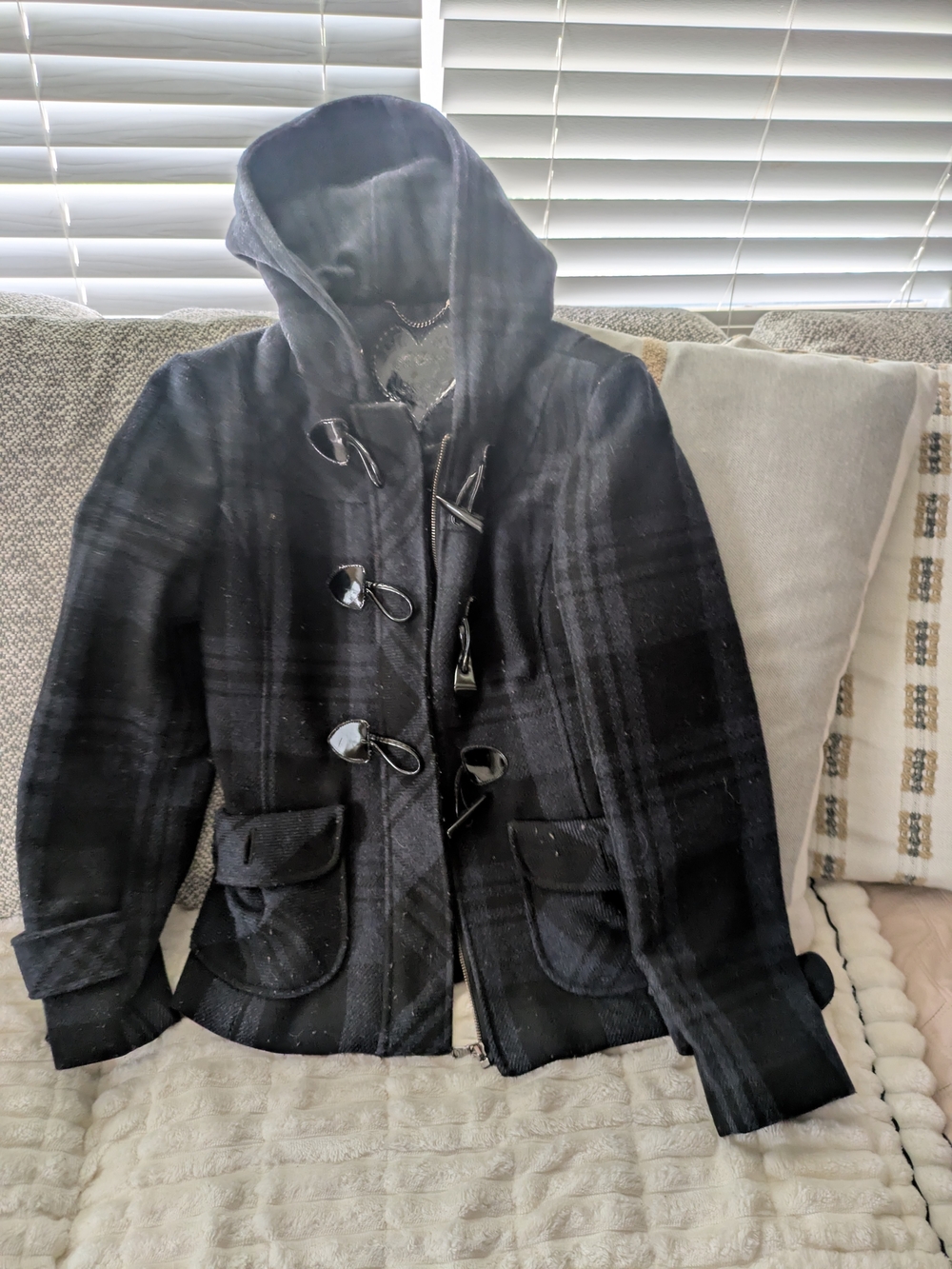Woman's Black& Blue Hooded Toggle Coat